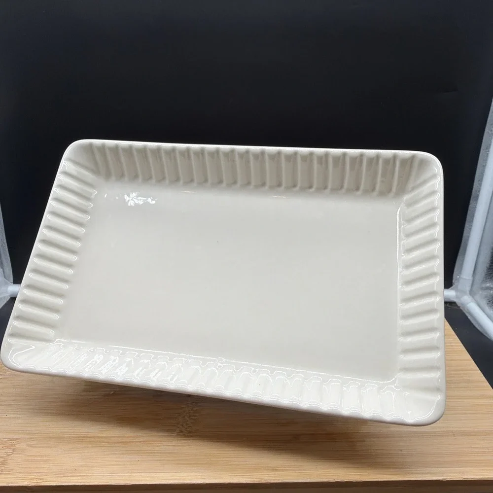 Longaberger Pottery Woven Traditions Ivory Rectangular Serving Tray 8.5